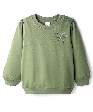 Babyhug Cotton Knit Full Sleeves Sweatshirt With Rhinestone Detailing - Green