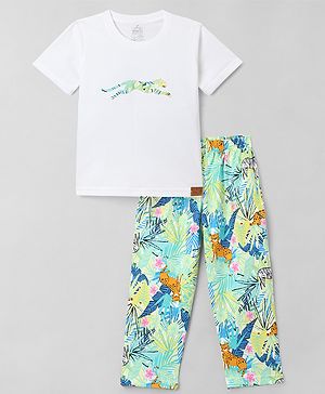 Funkrafts Premium Cotton Knit Half Sleeves Leaves & Baby Animals Printed Tee & Pajama Set - Multi Colour