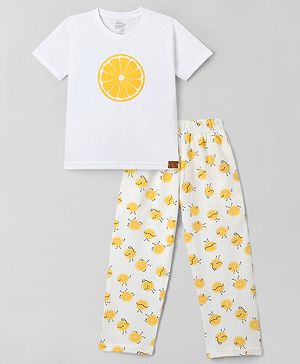 Funkrafts Premium Cotton Knit Half Sleeves Orange Printed Tee & Pajama Set - White & Yellow