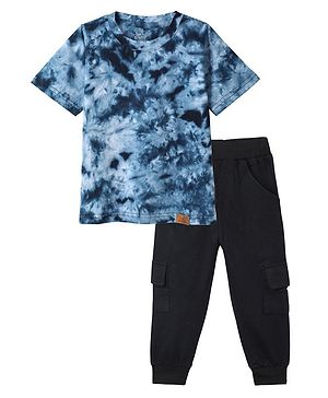 Funkrafts Premium Cotton Knit Half Sleeves Tie Dye Tee & Cargo Joggers Set - Blue & Black