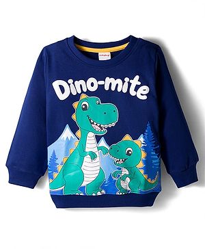 Babyhug Cotton Knit Full Sleeves Sweatshirt with Dino Print - Navy Blue