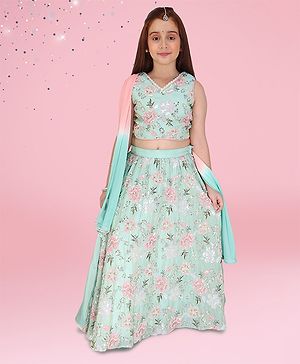 Cutecumber Silk Woven Sleeveless Floral Embroidered Gota Lace Embellished Lehenga Choli With Dupatta Set - Aqua Blue