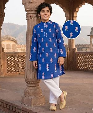 Pine Kids Cotton Woven Full Sleeves Kurta Pajama Set WIth Floral Print - Navy Blue