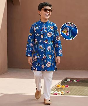 Pine Kids Cotton Woven Full Sleeves Floral Printed Kurta Pajama Set - Blue