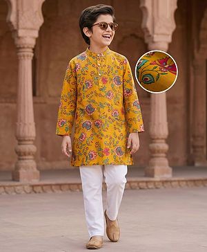 Pine Kids Cotton Woven Full Sleeves Kurta Pajama Set With Floral Print - Mustard