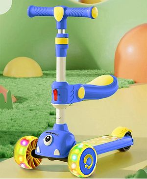 Babyhug Leo 2 in 1 Kids 3 Wheel Kick Scooter with Foldable Seat with LED - Blue| 3 Level Adjustable Handle| Foldable Design| Toy for 3 to 12 Yrs Boys & Girls| Sport Gift| Physical Activity| Wide Deck