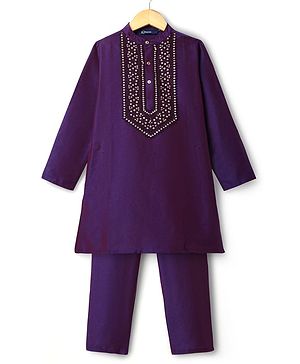 Pine Kids Woven Full Sleeves Kurta Pajama Set With Sequin Detailing - Purple