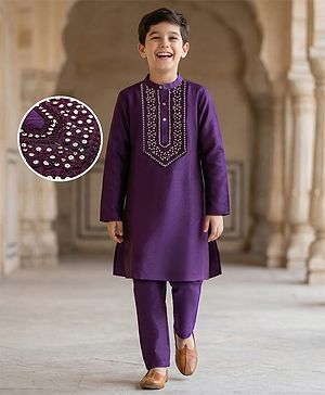 Pine Kids Woven Full Sleeves Kurta Pajama Set With Sequin Detailing - Purple