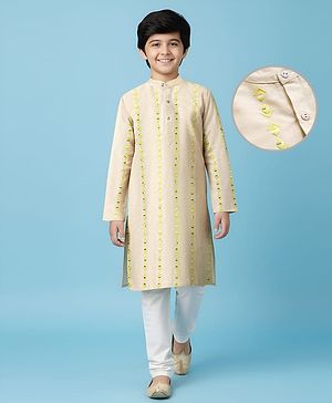 Pine Kids Woven Full Sleeves Kurta Pajama Set with Embroidery - Beige