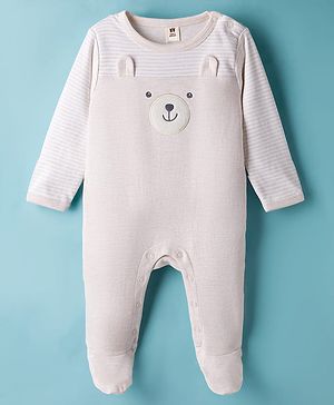 ToffyHouse Interlock Knit Full Sleeves Striped Romper with Bear Applique - Baby Pink