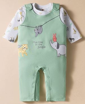ToffyHouse Knit Full Sleeves Animal Printed T-Shirt & Dungaree Style Romper - White & Sea Green