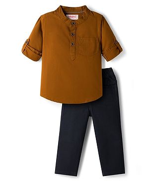 Babyhug Cotton Woven Full Sleeves Solid Color Mandarin Collar Shirt and Denim Jeans Set - Rust Orange & Black