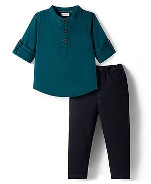 Babyhug Cotton Woven Full Sleeves Solid Color Mandarin Collar Shirt and Denim Jeans Set - Teal Blue & Black