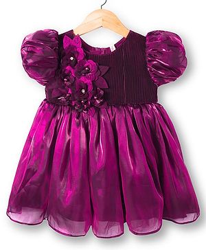 Babyhug Woven Half Puffed Sleeves Party Dress With Floral Corsage - Wine