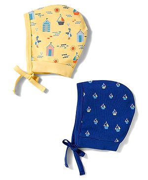 Babyhug 100% Cotton Knit Bonnet Cap with Boat Print Pack of 2 Yellow & Navy Blue - 9.5 cm Diameter