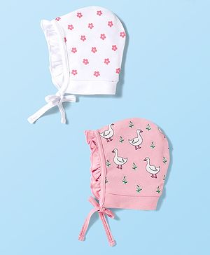 Babyhug 100% Cotton Knit Bonnet Cap with Duck & Floral Print Pack of 2  Pink & White - 9.5 cm Diameter
