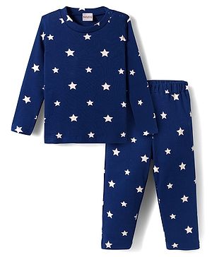 Babyhug Cotton Knit Full Sleeves Co-ords Night Suit With Star Print - Navy Blue