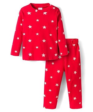Babyhug Cotton Knit Full Sleeves Co-ords Night Suit With Star Print - Red