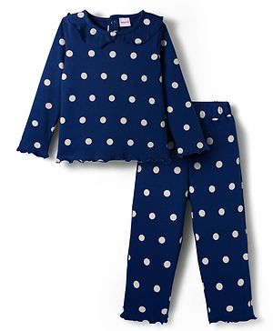 Babyhug Cotton Knit Full Sleeves Winter Wear Co-ords Night Suit With Polka Dot Print - Navy Blue