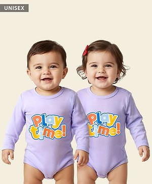 Babyhug 100% Cotton Knit Full Sleeves Onesie With Play Time Text Print - Purple