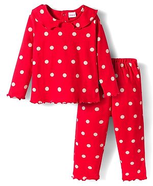 Babyhug Cotton Knit Full Sleeves Peter Pan Collar Co-ords Night Suit With Polka Dots Print - Red