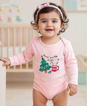 Babyhug 100% Cotton Interlock Knit Full Sleeves Onesie with Hairband & Christmas Print - Pink