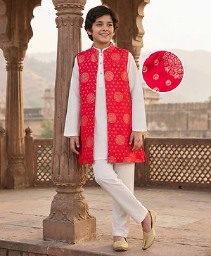 Pine Kids Woven Full Sleeves Kurta Pyjama Set With Foil Printed Nehru Jacket - Off White & Red