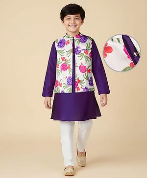 Pine Kids Woven Full Sleeves Kurta Pajama Set with Jacket & Tropical Theme Print - Purple
