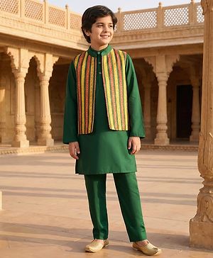 Pine Kids Woven Full Sleeves Kurta Pyjama Set With Embroidered Nehru Jacket - Green
