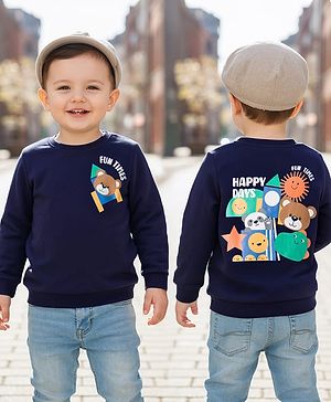 Babyhug Cotton Knit Full Sleeves Sweatshirt With Front & Back Animal Print - Navy Blue