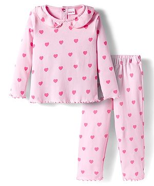 Babyhug Cotton Knit Full Length Co-ords Night Suit With Heart Print - Pink