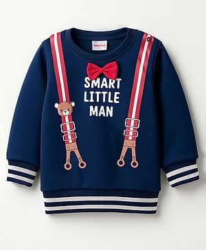 Babyhug Cotton Knit Full Sleeves Sweatshirt With Teddy Bear Print & Bow Applique - Navy Blue