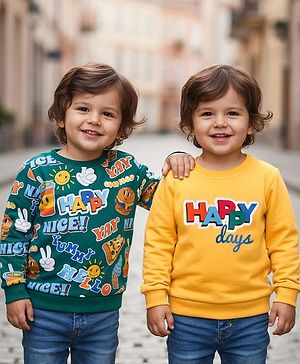 Babyhug Cotton Knit Full Sleeves Sweatshirts with Happy Days Text Print Pack of 2 - Yellow & Dark Green