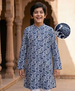 Pine Kids Cotton Woven Full Sleeves Printed Kurta - Blue