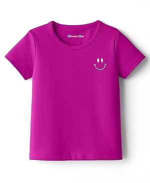 Kookie Kids Single Jersey Knit Half Sleeves Core Solid Round Neck T-Shirt with Smiley Print- Purple