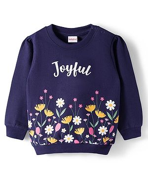 Babyhug Cotton Knit Full Sleeves Sweatshirt With Floral Graphics - Navy Blue