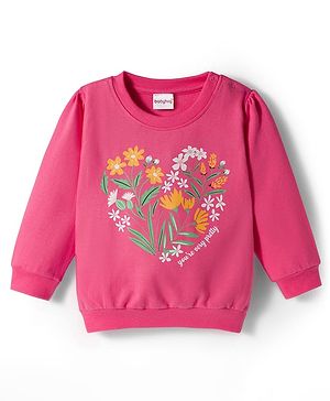 Babyhug Cotton Knit Full Sleeves Sweatshirt With Floral Graphics - Pink