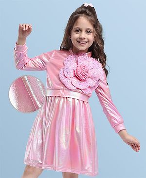 Hola Bonita Knit Glitter Party Dress & Full Sleeves Jacket With Rose Applique & Sequin Detailing - Pink