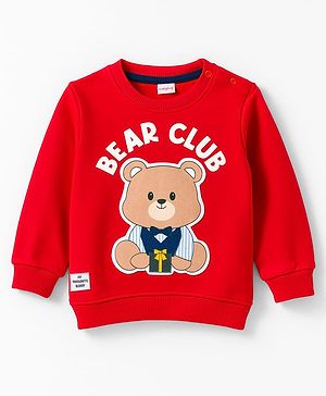 Babyhug Cotton Knit Full Sleeves Sweatshirt With Teddy Bear Patch - Red