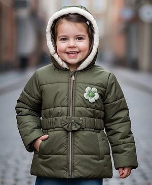 Babyhug Woven Full Sleeves Hooded Padded Jacket with Floral Applique & Belt - Olive Green