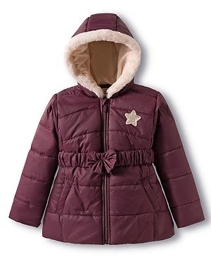Babyhug Woven Full Sleeves Hooded Padded Jacket with Bow Belt - Wine