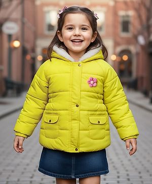 Babyhug Woven Full Raglan Sleeves Hooded Padded Jacket With Floral Applique - Lime Green