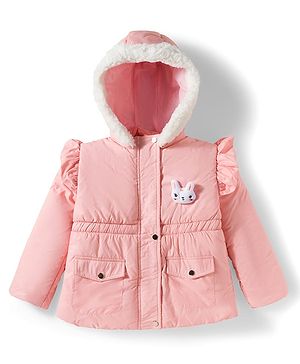 Babyhug Woven Full Sleeves Hooded Jacket with Frill Detailing Cinched Waist & Kitty Applique - Pink
