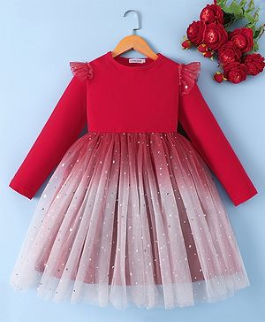 Mark & Mia Full Sleeves Frock with Star Foil Print & Frill Detailing - Red