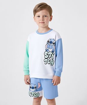 Bonfino Disney Terry Knit Oversized Drop Shoulder Full Sleeves T-Shirt and Shorts Set with Stitch Graphic - White Aqua Blue