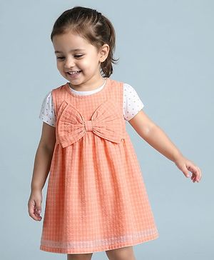 Babyhug Cotton Woven Half Sleeves Frock With Inner Tee & Polka Dot Print - Peach