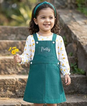 Babyhug Cotton Woven Frock & Full Sleeves Inner Tee With Floral Print & Embroidery Detailing - Green