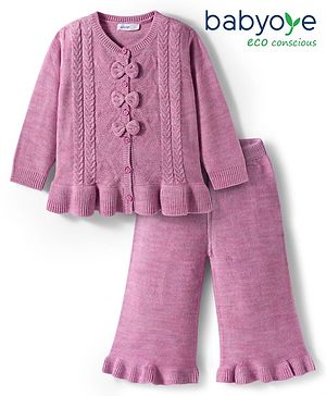 Babyoye Knit Full Sleeves Front Open Sweater Set with Bow Applique - Pink