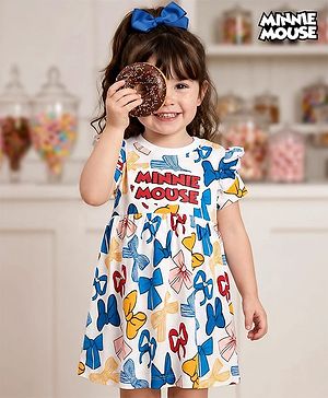 Babyhug Disney Single Jersey Knit Half Sleeves Frock With Minnie Mouse & Friends Graphics & Frill Detailing - White
