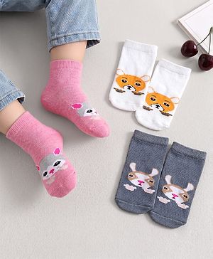 Cute Walk by Babyhug Knit Anti Bacterial Ankle Length Socks With Animal Design Pack of 3 - Multicolor
